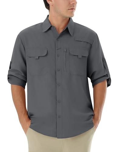 WULFUL Men's Sun Protection Fishing Shirts UPF 50+ UV Lightweight Quick Dry Cooling Button Down Shirts for Work Hiking Safari Shadow Grey M