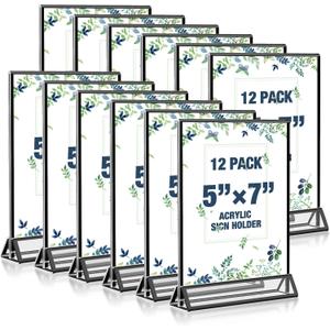 Acrylic Black Sign Holders 5x7, 12 Pack Wedding Black Table Number Holders, Double Sided Photo Display Picture Frame Paper Stand, Clear Flyer Stand Menu Holder for Wedding, Home, Party, Restaurant