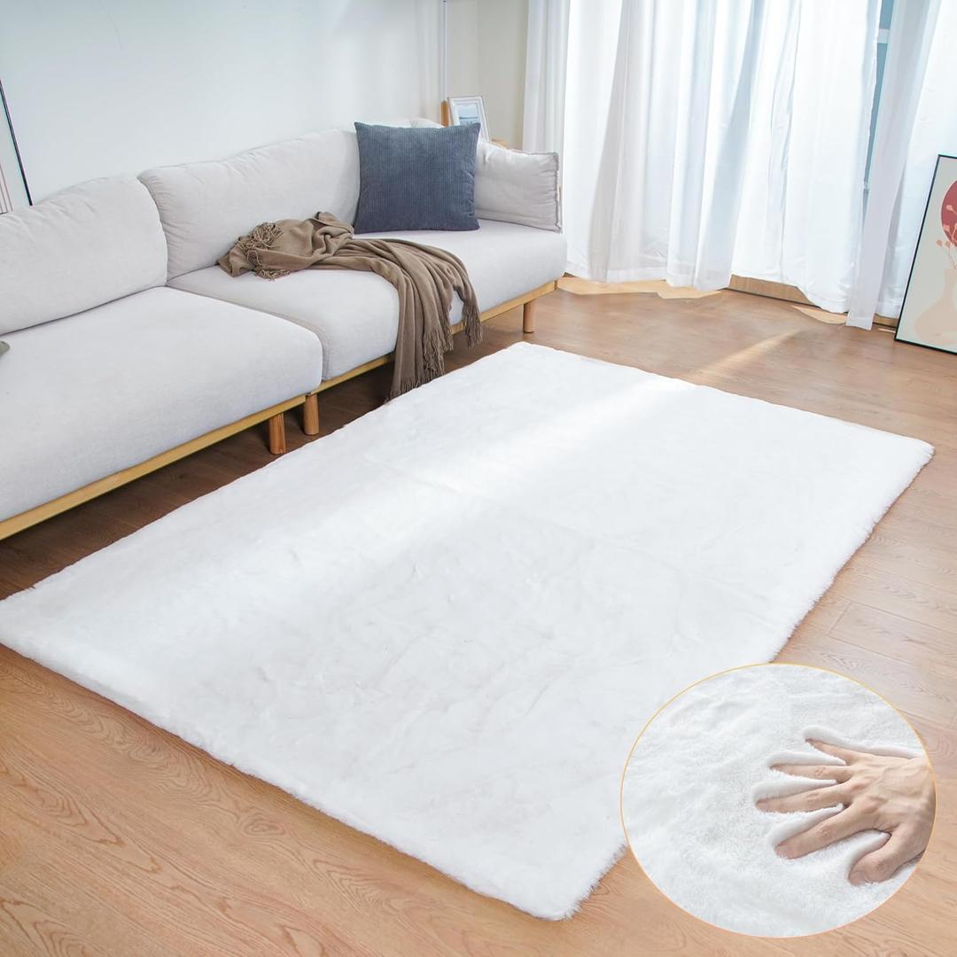 White Faux Rabbit Fluffy Fur Area Rugs for Bedroom Living Room Machine Washable Shag Rug 4x6 Nursery Rug Teen Room Decor