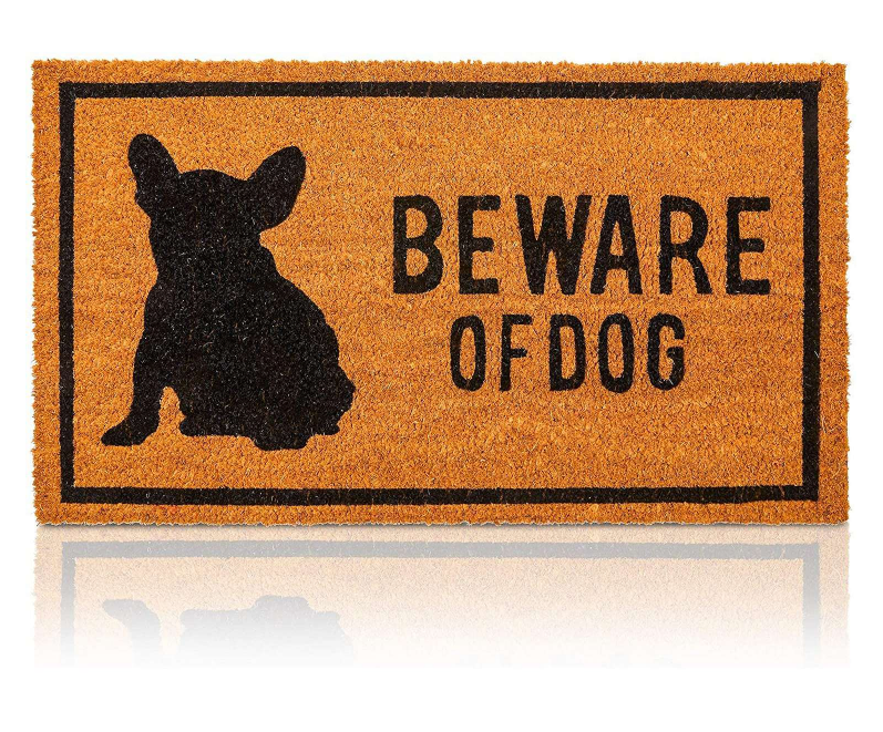 Frenchie Beware of Dog Natural Coco Coir Mat, Nonslip Welcome Doormat (17 x 30 in)
