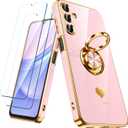for Samsung Galaxy A15 5G Case with 2 Pack Screen Protector, 360 Rotatable Ring Holder [Luxury Hearts Pattern] Plating Gold Edge Slim Soft Phone Cover Case for Galaxy A15 - Girl Pink