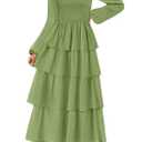 MEROKEETY Women's Summer Fall Long Sleeve Ruffle Tiered Dress 2025 Flowy Layered Square Neck Smocked Maxi Dresses, Green, Large (Green, L)