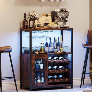 IDEALHOUSE Wine Bar Rack Cabinet with LED Light, Adjustable Shelves Coffee Bar Cabinet with Mesh Door and Baffle Design, 36 Tall Small Liquor Bar Cabinet for Home, Kitchen, Dinning Room, Rustic Brown IDEALHOUSE Wine Bar Rack Cabinet with LED Light, Adjustable Shelves Coffee Bar Cabinet with Mesh Door and Baffle Design, 36 Tall Small Liquor Bar Cabinet for Home, Kitchen, Dinning Room, Rustic Brown