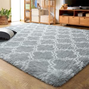 LOCHAS Luxury Shag Area Rug 8 x10 Feet Geometric Plush Fluffy Rugs, Extra Soft Carpet Moroccan Rugs for Bedroom Living Room Dorm Kids, High Pile Shaggy Floor Rug Decor, Light Grey/White