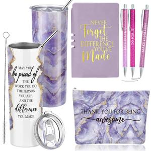 Domensi 6 Pcs Employee Appreciation Gift Set for Women Female Thank You Gift May You Be Proud 20 oz Rustic Blue Marble Sign Tumbler Makeup Bag Journal for Teacher Nurse Lady Work Business, (Purple)