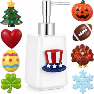 Gejoy Seasonal Soap Dispenser Patriotic 4th of July Magnetic Interchangeable Set - Ceramic Hand Soap Dispenser with 9 Seasonal Resin Ornaments & Magnetic Pads-Festive Bathroom & Kitchen Dec(Silver)