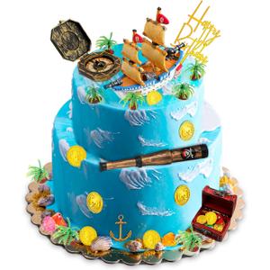 Charniol 32 Pcs Pirate Ship Cake Topper Nautical Sailboat Model Decoration Set Gold Coins Pirate Gems Treasure Telescope for Birthday Party Supplies