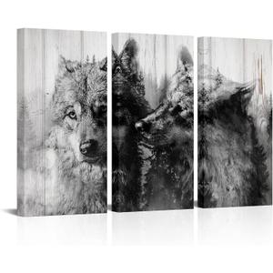 OuElegent Wolf Canvas Wall Art Wolf Painting Black and White Rustic Wildlife Pictures White Wolves Prints Artwork 3 Panels for Living Room Bedroom Bathroom Home Decor Ready to Hang