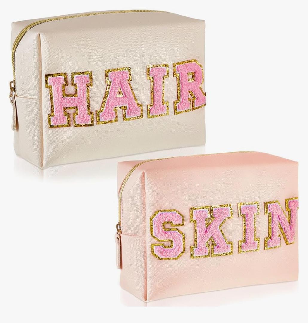 Patelai 2 Pcs Preppy Makeup Bags Chenille Letter Patch Bag Face Skin Hair Stuff Aesthetic Cosmetic Bag Travel Zipper Pouch Makeup Organizer Graduation Gift for Girls (White, Pink,Hair, Skin)