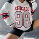 SweatyRocks Women's Color Block Number Graphic Long Sleeve Sweatshirts V Neck Loose Pullover Tops (White, S)