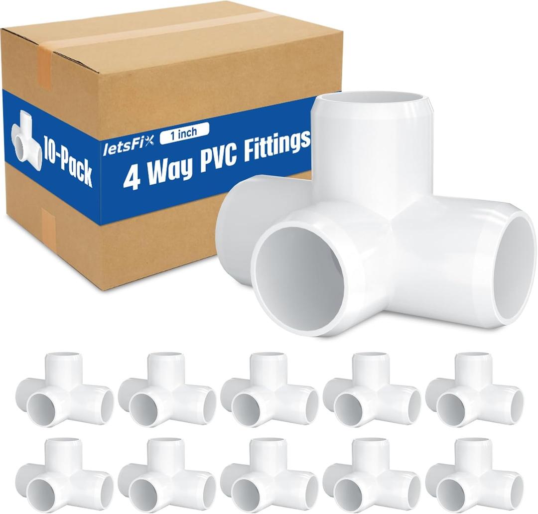 letsFix 1" PVC Fittings 4 Way (10-Pack) Furniture Grade, Elbow Connector, Heavy Duty for DIY Furniture, Frames, UV Resistant - Compatible with 1" Schedule 40 PVC Pipes
