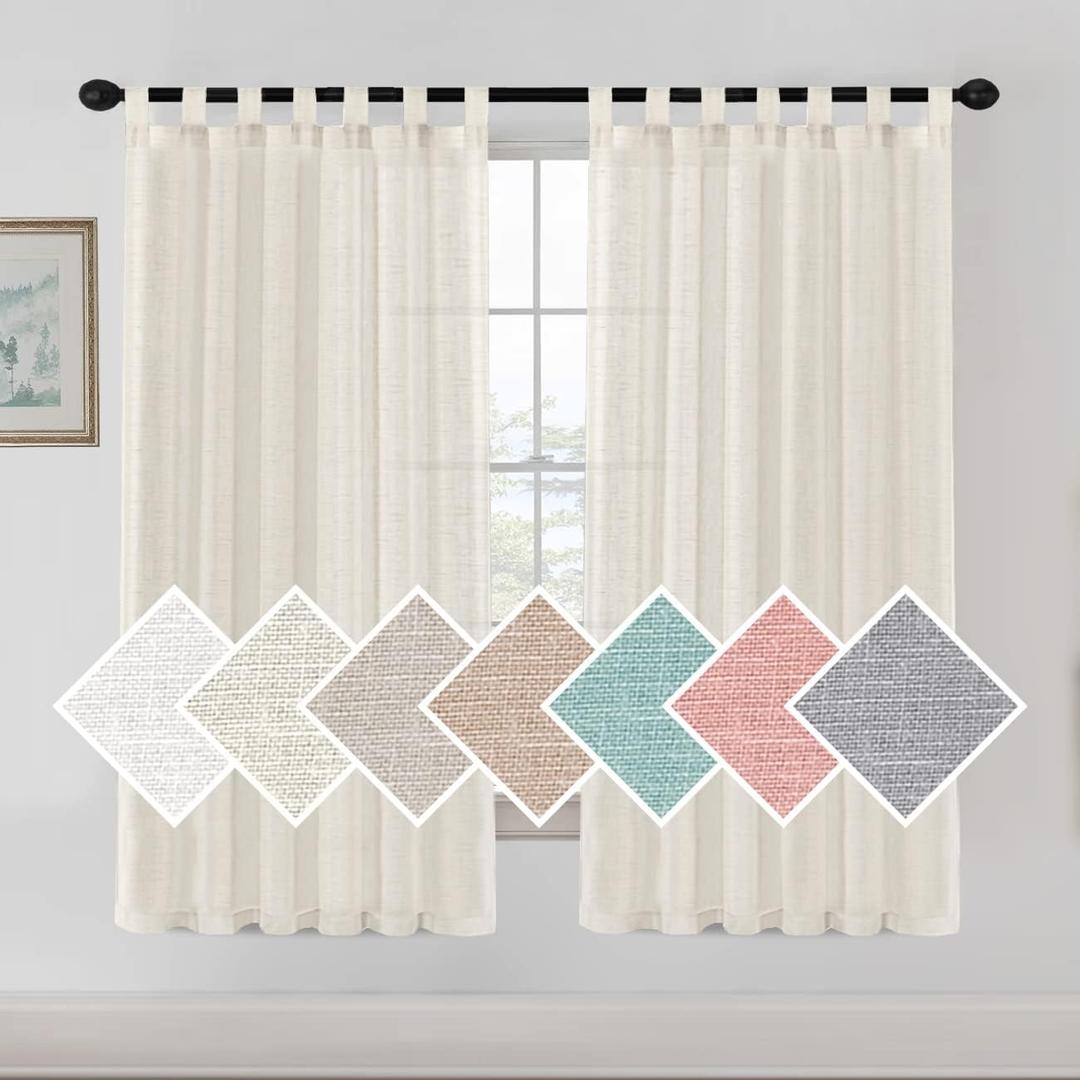 2 Pack Linen Elegant Curtains 7 Tab Top Breathable and Airy Drapes for Bedroom/Livingroom/Farmhouse (Ivory, 50x39") 