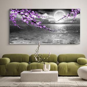 Large Purple Wall Art Decor for Living Room Bedroom Framed Black and White Seascape Full Moon Purple Flower Painting Canvas Picture Modern Hand-Painted Plum Blossom Artwork for Home Office, 58L" x 29W"