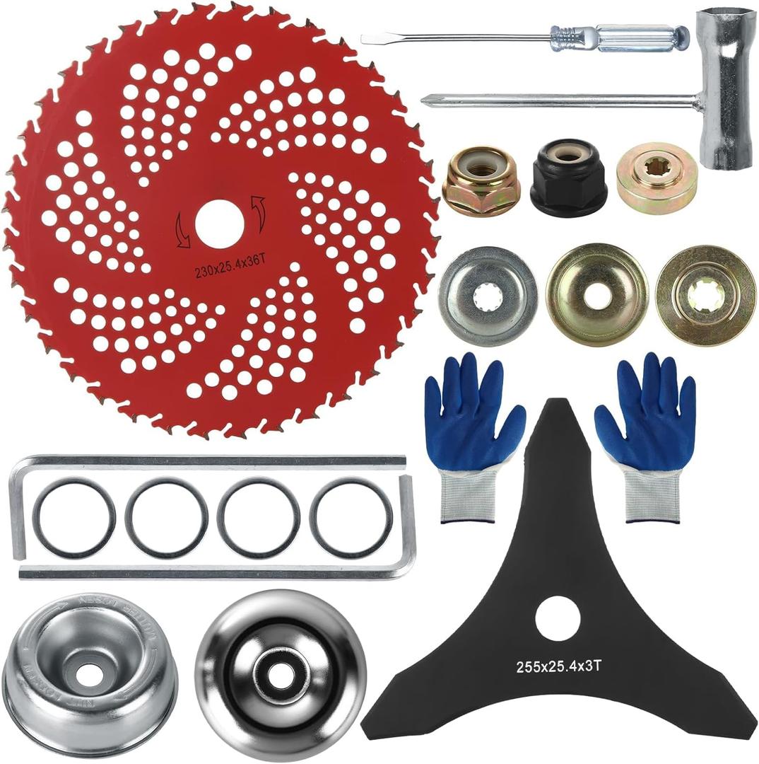 Steel Trimmer Head 9" x 36 Teeth Carbide Tipped Blades Weed Eater Blade Universal Trimmer Head with Adapter Kits and Glove for Brush Cutter, Trimmer, Weed Eater