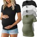 Huukeay 4 Pack Women's Maternity Shirts, V Neck Maternity Top Short Sleeve Casual Cotton Tee Side Ruched Pregnancy Clothes (Medium, Black, Army Green, Light Gray, White)