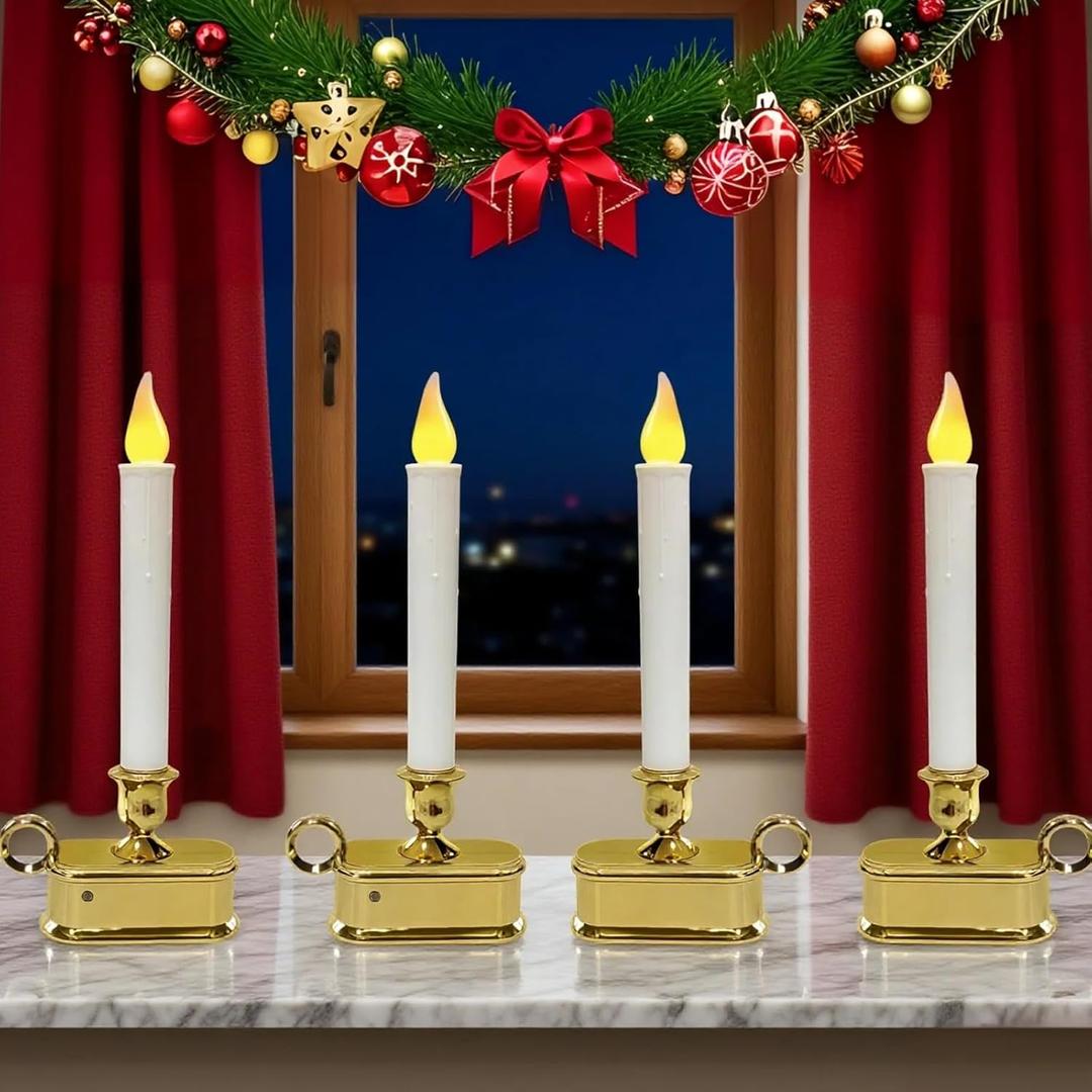 4Pack Dusk to Dawn Window Candles Battery Operated, Flameless LED Candles with Light Sensor & 3 Modes, Realistic Flickering Flame for Christmas Holiday Decor
