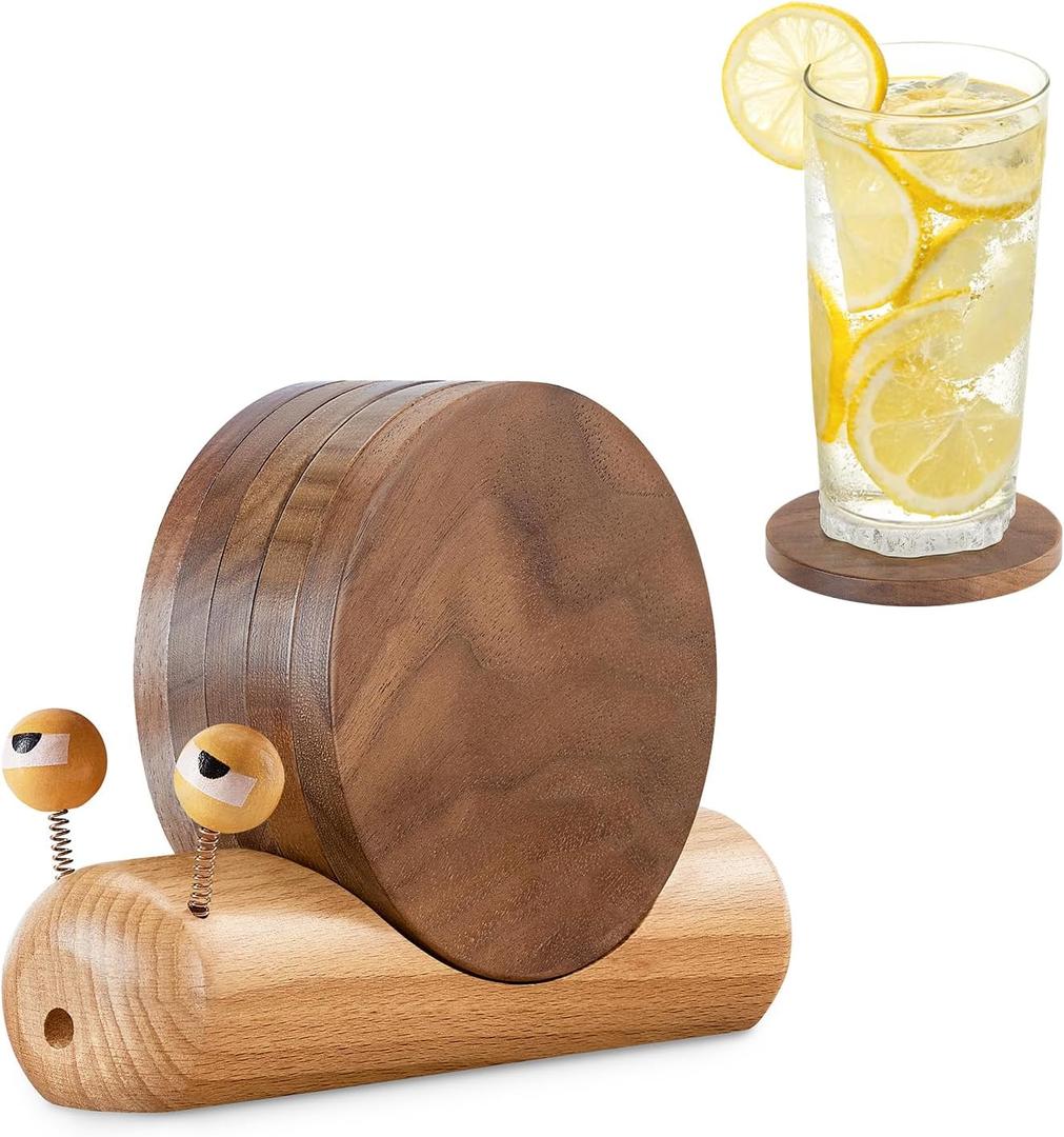 Wooden Coasters for Drinks-Natural Acacia Wood Drink Coaster with Magnetic for Coffee Table,Fun Cute Coasters with Holder for Modern Home Decor-Set of 5 (3.5*3.5 inches)