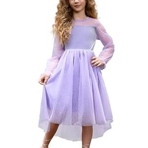 Girls Party Dresses Purple Mesh Dots Contrast Long Sleeve Velvet Special Occasion Tulle Dress, Size 6-7Y