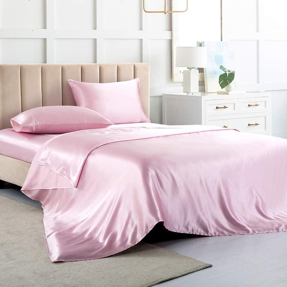 Satin Bed Sheets Queen Sheet Set, Pink Silk Sheets, 4 - Pieces Soft Bedding Set with 1 Deep Pocket Fitted Sheet,1 Flat Sheet,2 Pillowcase (Pink)