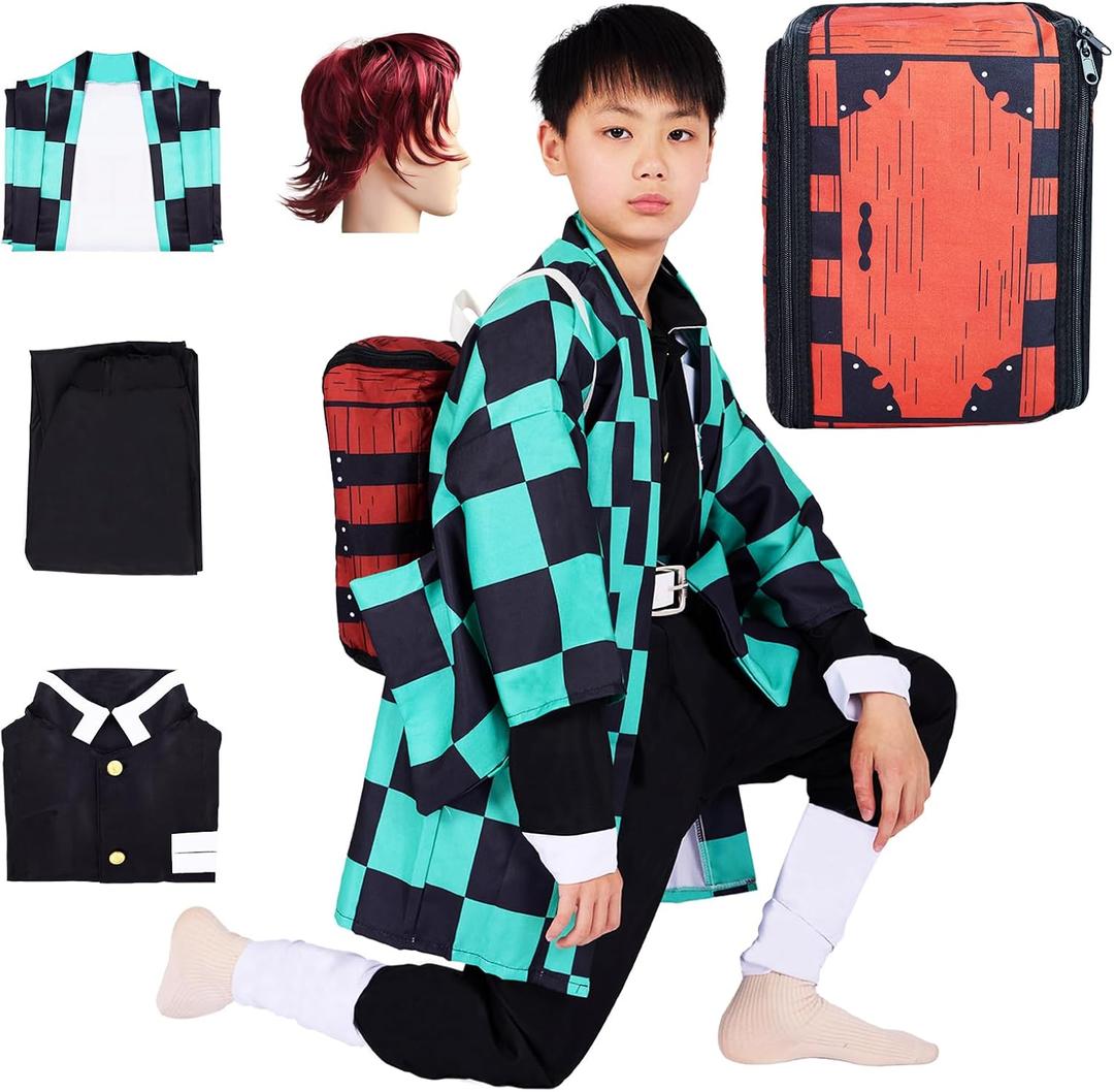 Full Set Kids Anime Cosplay Costume Halloween Kimono Uniform Outfit With Backpack Bag Earrings Wig (1603XL))