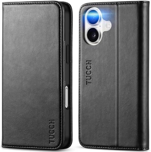TUCCH Case Wallet for iPhone 16, [3 Card Slots] Kickstand PU Leather [RFID Blocking] Flip Folio Cover with [TPU Shockproof Interior Shell] 6.1" 2024, Classic Black