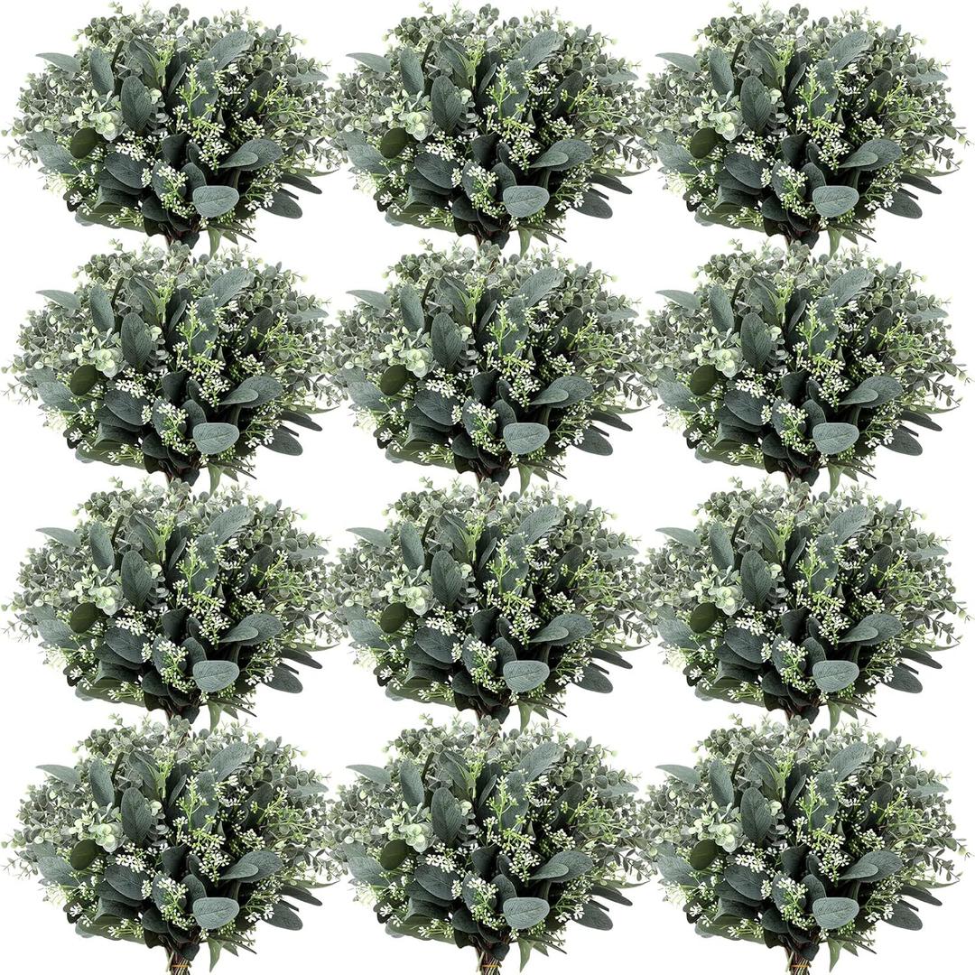 Janinka Mixed Eucalyptus Leaves Stems Bulk with White Seeds Artificial Silver Dollar Leaves Sprays Faux Oval for Wreath Garland Floral Bouquets Arrangement Wedding Greenery Decoration(60 Pcs)