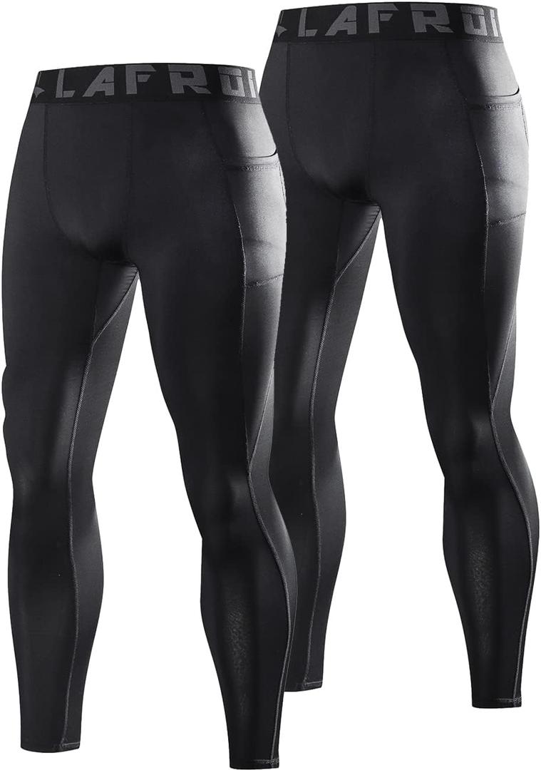 LAFROI Men's Quick Dry Cool Compression Fit Tights Leggings Waistband-YSK08 (Medium, Pocket Black X2)