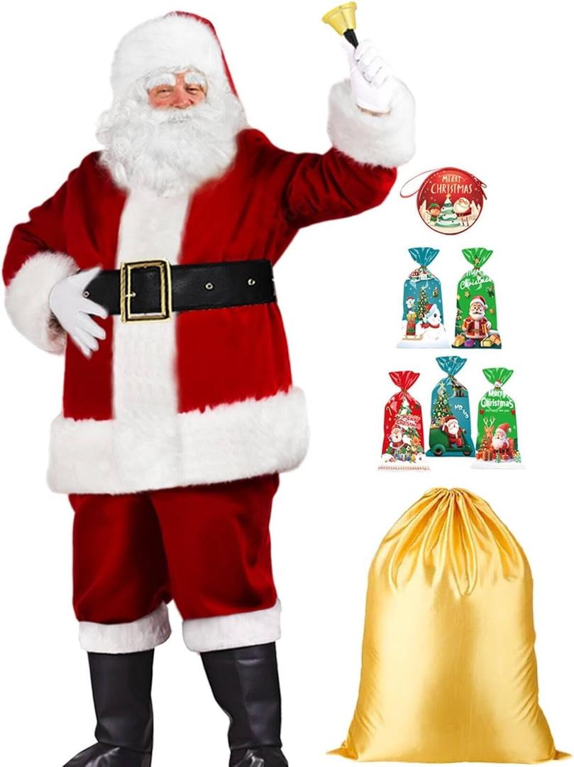 Oumbivil 62pcs Deluxe Santa Claus Costume for Men Adult Velvet Santa Costume Suit Outfit Christmas Costume (Large)