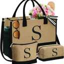 YOOLIFE Mothers Day Gifts - Initial Jute Tote Bag & 2 Makeup Bags Personalized Gifts for Women Teacher Mom Friend Birthday