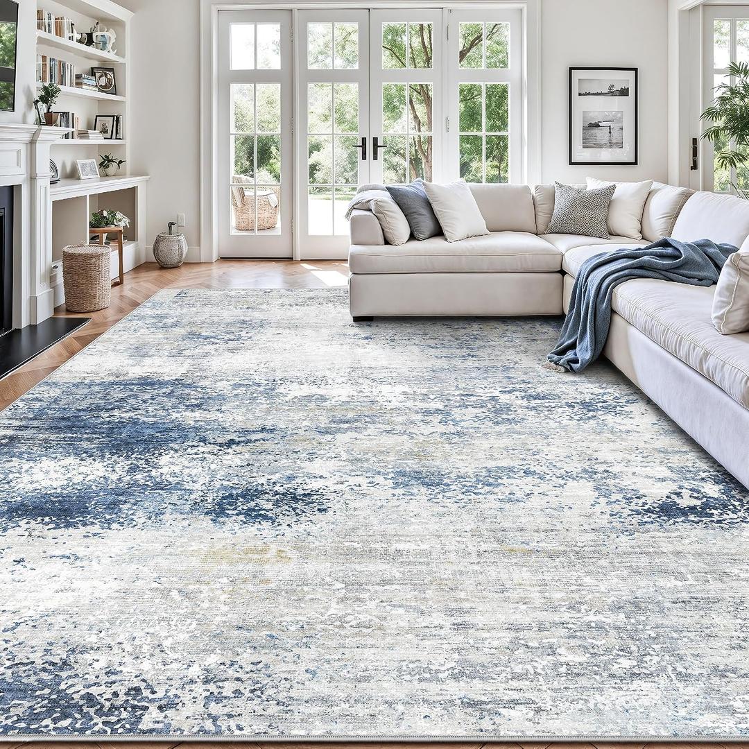 8x10 Area Rugs, Abstract Modern Ultra Soft Washable Rug, Non Slip Carpet with Rubber Back Stain Resistance Rugs for Living Room, Bedroom, Dining Room Decor(Blue & White)