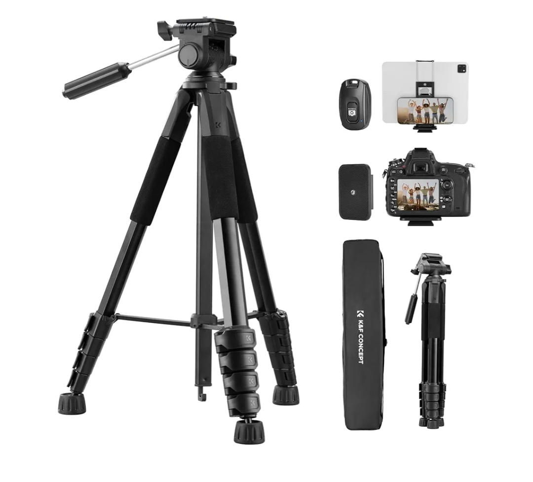 K&F CONCEPT Camera Tripod, 75" Lightweight Portable Travel Outdoor DSLR Tripods for Camera Phone Video Recording Tripod Stand, Cellphone Clip for Smartphone Live Streaming Vlog, Black