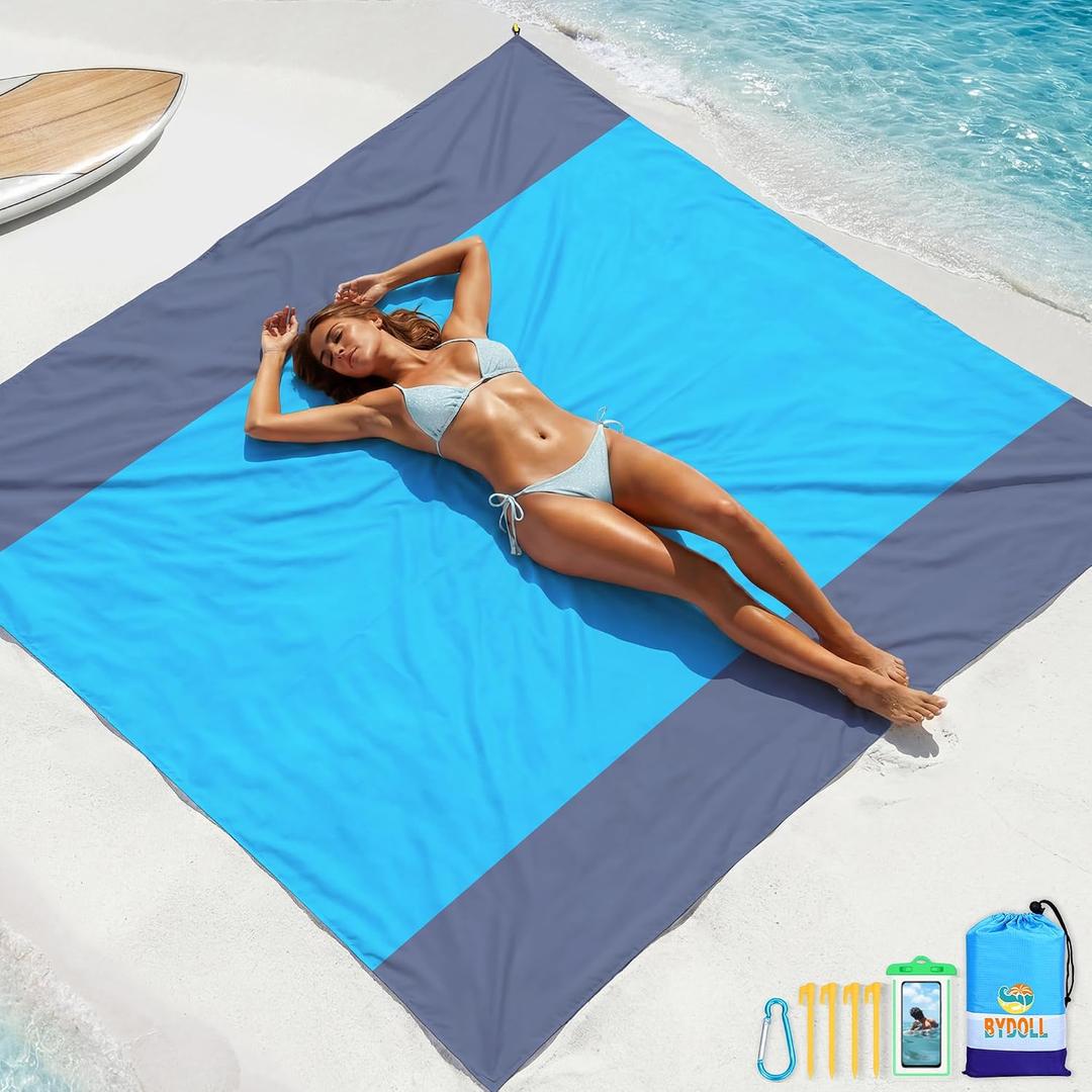BYDOLL Beach Blanket Waterproof Sandproof Large Sand Free,78''X81''/10'X9' Oversized Sandless Lightweight Blanket Picnic Mat for Beach Travel Camping Hiking with Stakes
