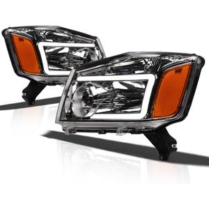 Alpha Owls 8711842 Crystal Headlights With White LED Light Bar - Chrome Amber Fits 2004-2015 Nissan Titan / 2004 2005-2007 Armada (Halogen LED Bar - Chrome)