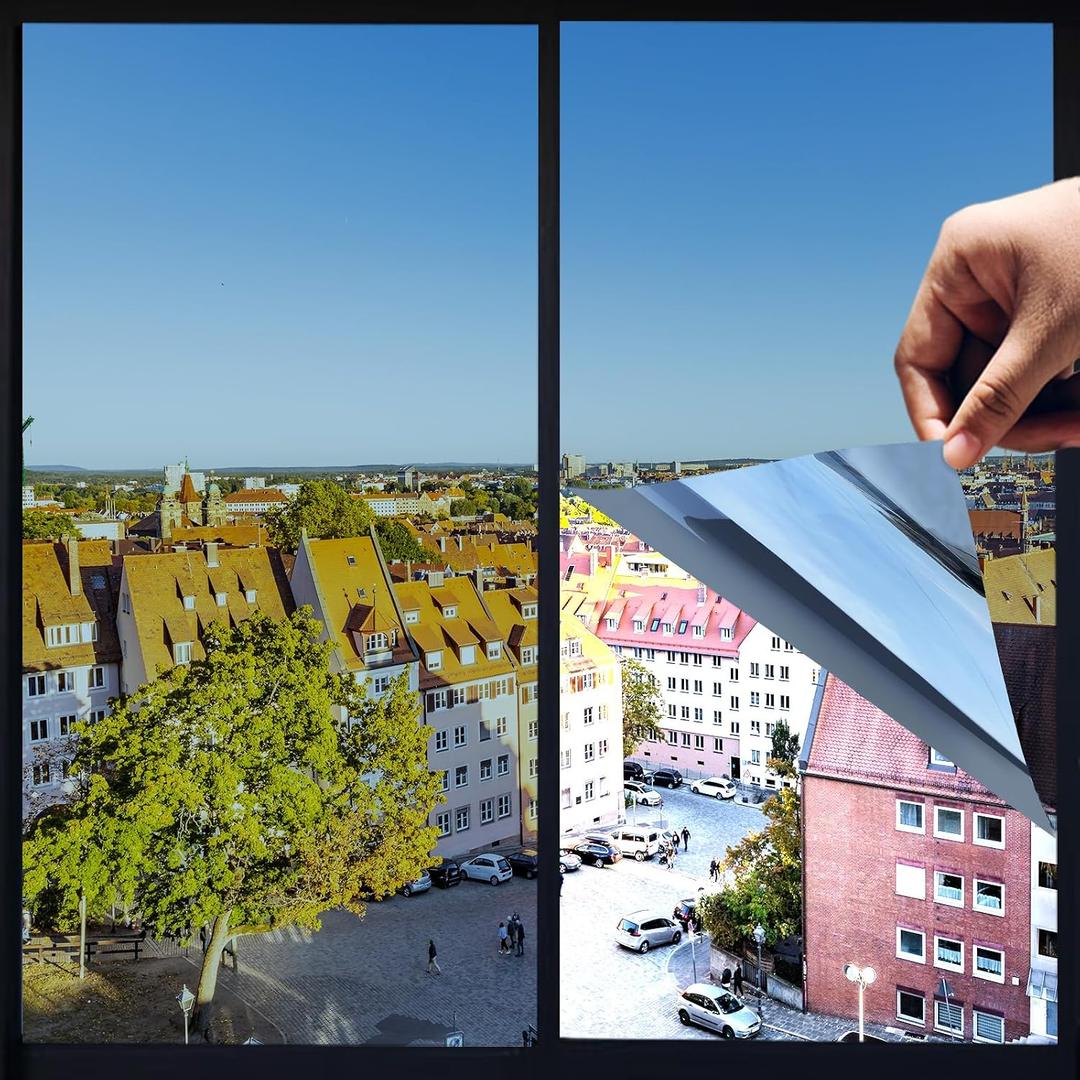 One Way Window Privacy Film with Tools, Heat Control Window Tint for Home, Explosion-Proof Premium PET Material Sun Blocking Anti UV Reflective Window Film, Mercury Blue, 23.6 Inch x 6.5 Feet