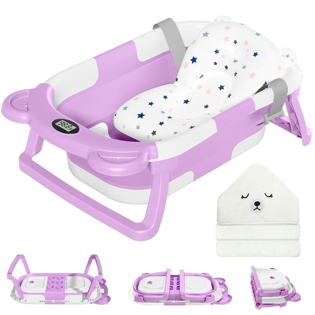 MoreFeel Collapsible Baby Bathtub for Newborn with Thermometer & 1 Hooded Towel & 1 Soft Floating Cushion, Portable Travel Bathtub with Drain Hole, Durable Foldable Baby Tubs for Infants to Toddler (Lavender)