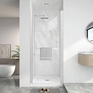 KPUY Pivot Shower Door, 34-36" W x 72" H Frameless Single Swing Glass Shower Door with Explosion-Proof Film Nano Coating, 1/4" (6mm) Thick Tempered Clear Glass, Brushed Nickel