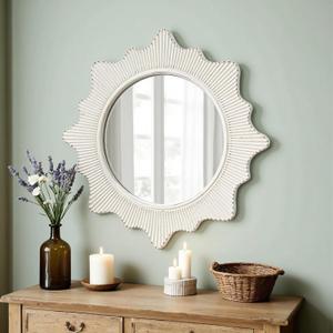 20" White Circle Wall Mirror,Round Wooden Rustic Farmhouse Tassels Nursery Wavy Sun Vintage Scalloped Mirrors for Entryway Bathroom French Country Home Decor