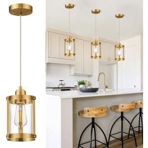 Brushed Gold Pendant Lights Kitchen Island, 1-Light Modern Brass Mini Hanging Light Fixtures with Clear Glass, Farmhouse Kitchen Pendant Lighting Over Island for Sink, OS-3014-1PBG
