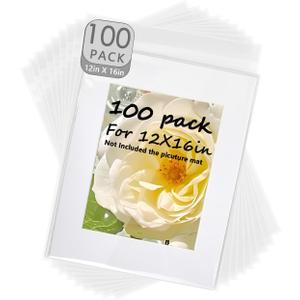 Pack of 100 12 2/5 X 16 5/9 Acid-Free Clear Bags,Crystal Clear Sleeves Storage Bags for 12x16 Picture Framing Mats Art Prints/Photos/Painting/Plastic Sheet(12 2/5 X 16 5/9 inch for 12x16 Mats)
