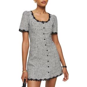 YEXPINE Women's Square Neck Tweed Mini Dress Short Sleeve Button Front Cocktail Party Dress M