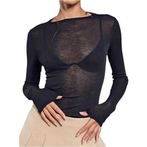 SHENHE Women's Sheer Tops Mesh Long Sleeve See Through Boat Neck Going Out Tops Concert Party Sexy Shirts, Small