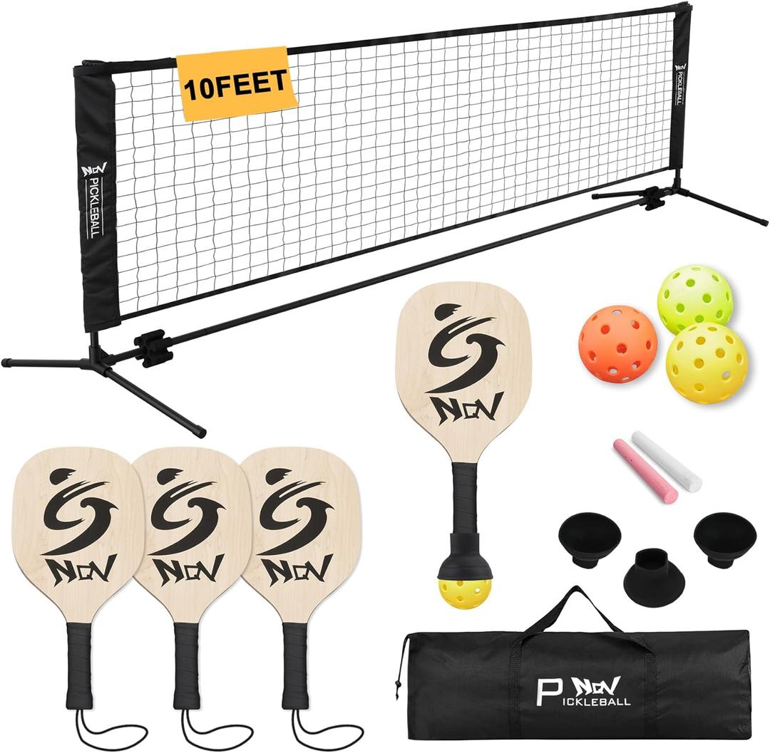 NQV Pickleball Set with Net-10FT Half Court Size Pickleball Net+Wood Pickleball Paddles+Pickle Balls+Ball Retrievers+Pickleball Court Marking Kit, Portable Driveway Outdoor Indoor for Beginners Pros