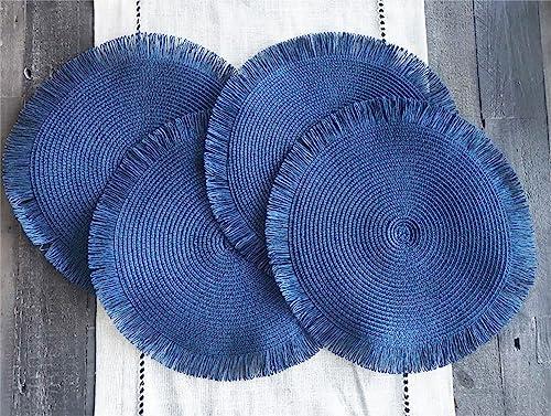 Fennco Styles Handwoven Fringe Boho Placemats 15" Round, Set of 2 - Navy Blue Braided Texture Table Mats for Home, Dining Room, Banquets, Family Gathering and Special Occasion