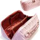 Travel Makeup Bag for Women, Large Capacity Cosmetic Bags for Girls, Compact Pouch Make up Organizer, Waterproof Toiletry Bag with Divider and Handle (Pink) (EXP 02/03/26)