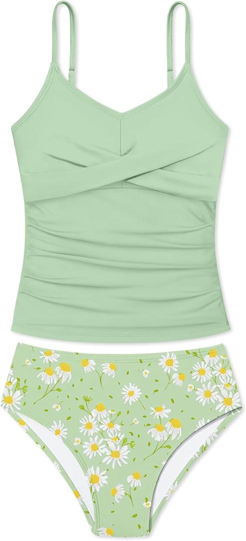Girls Swimsuit 2 Piece Bathing Suit Criss Cross Ruched Girl Tankini Sets Printed Girls' Swimwear for 9-18 Years (15-16 Years)