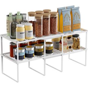 LANEJOY Metal Expandable Cabinet Shelf Organizer, Set of 2 Stackable Shelves for Pantry, Storage Countertop Shelf for Kitchen Counter, White, 17" L X 10" D X 6.3" H