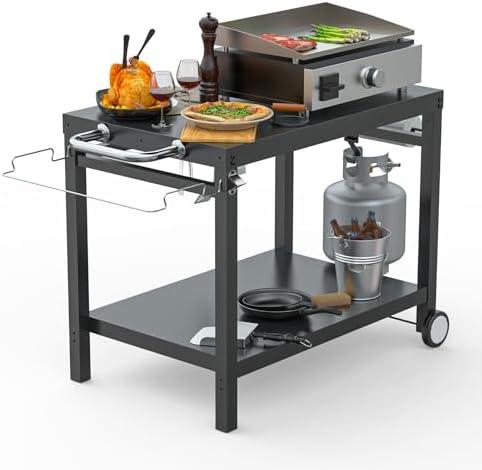 LS'BABQ Outdoor Grill Table Cart, Pizza Oven Stand, BBQ Prep Table with Trash Bag Holder Wheels & Hooks, Double-Shelf Movable Food Prep and Work Stand, Powder-Coated Steel Flattop Grill Cart