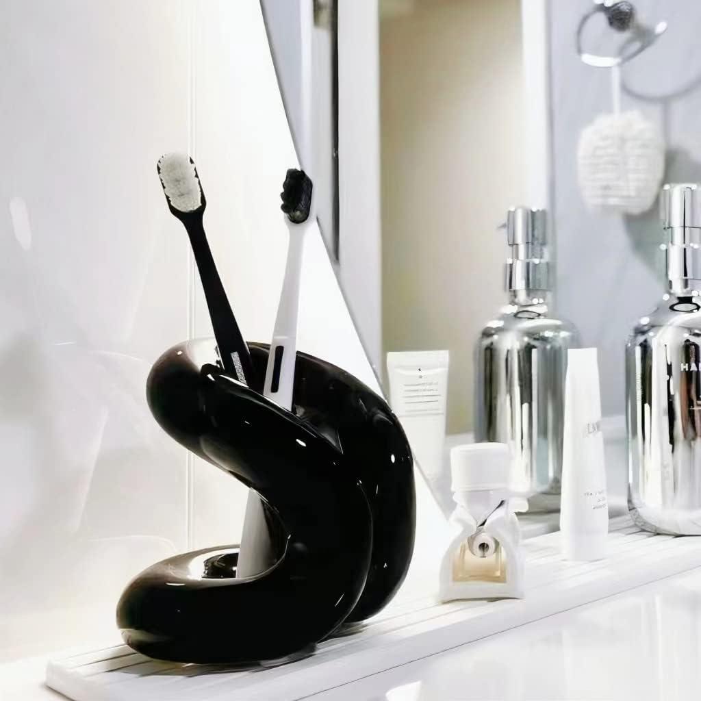 Handmade Ceramic Holder Stand for Toothbrushes, Makeup Brushes, and Pens - Minimalist Design for Bathroom Vanity and Countertops Decor (Black)