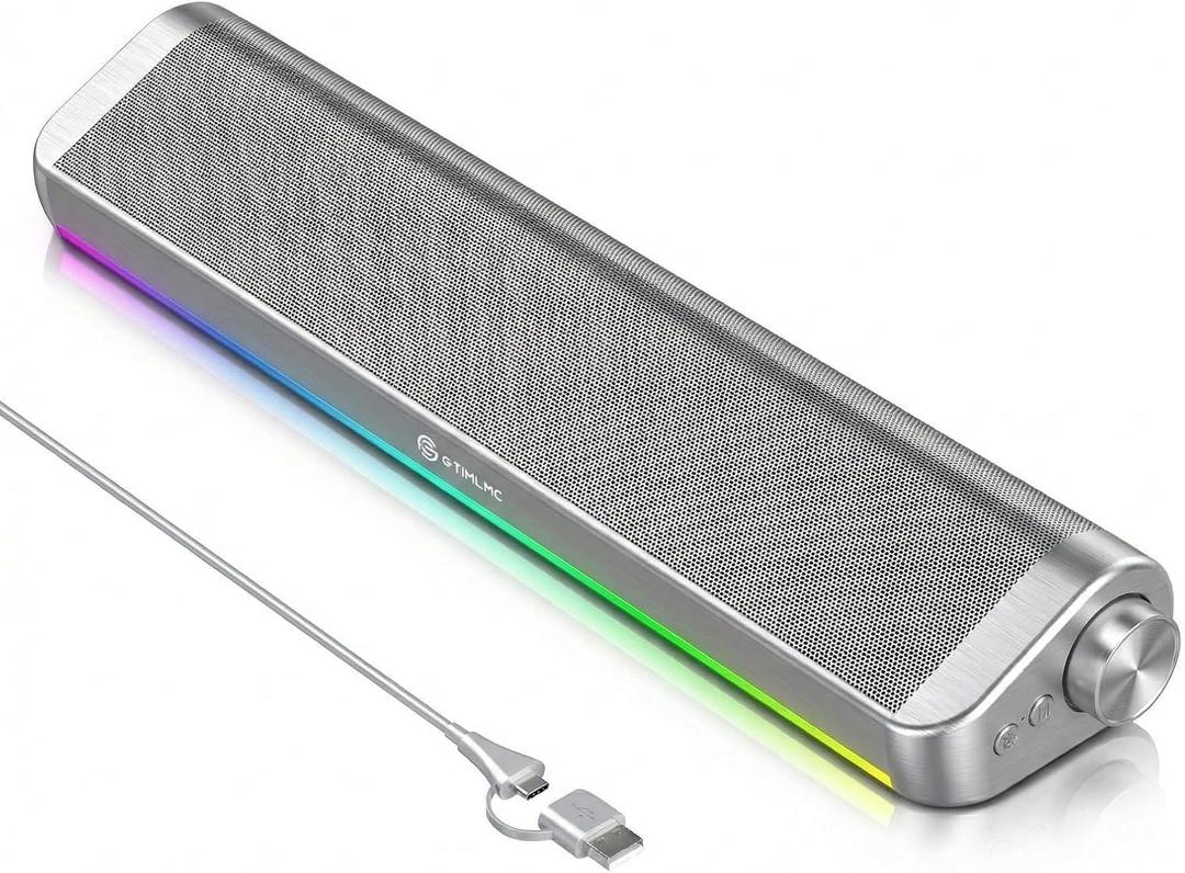 Computer Speakers for PC Desktop, 5 Dynamic RGB LED Light Modes, USB Wired Input, Easy-Control Knob, Stereo Gaming Soundbar for Laptop Monitor Sliver