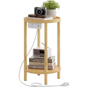 HOOBRO Small Round Side Table with Charging Station, 2-Tier Round Bamboo End Table, Compact Sofa Bedside Table for Small Space, Easy Assembly, for Living Room, Bedroom, Apartment, Natural 